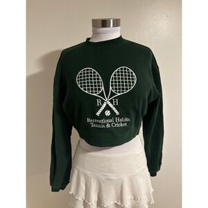 Recreational Habits Green Cropped Varsity Sweatshirt Tennis & Cricket Graphic XS